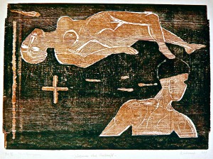 Schwimmer ohne Herkunft, 1989, Farbholzschnitt, 45,5x63,5 cm (Plattengrösse)