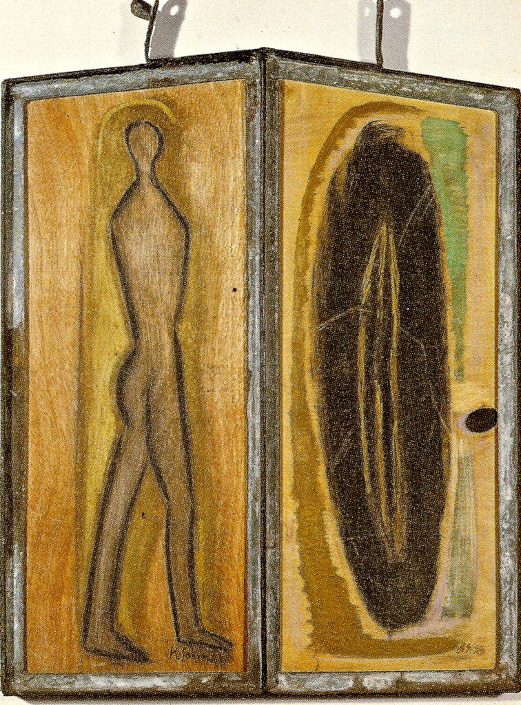 Prophet für eine Malerin,1989/90 K.S., Bildobjekt/ Eitempera auf Holz, Eisen 