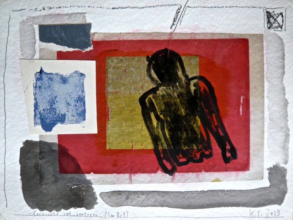 K.S., ImRot, 2013, Collage, Stift und Wasserfarben auf Aquarellkarton, 24x32 cm