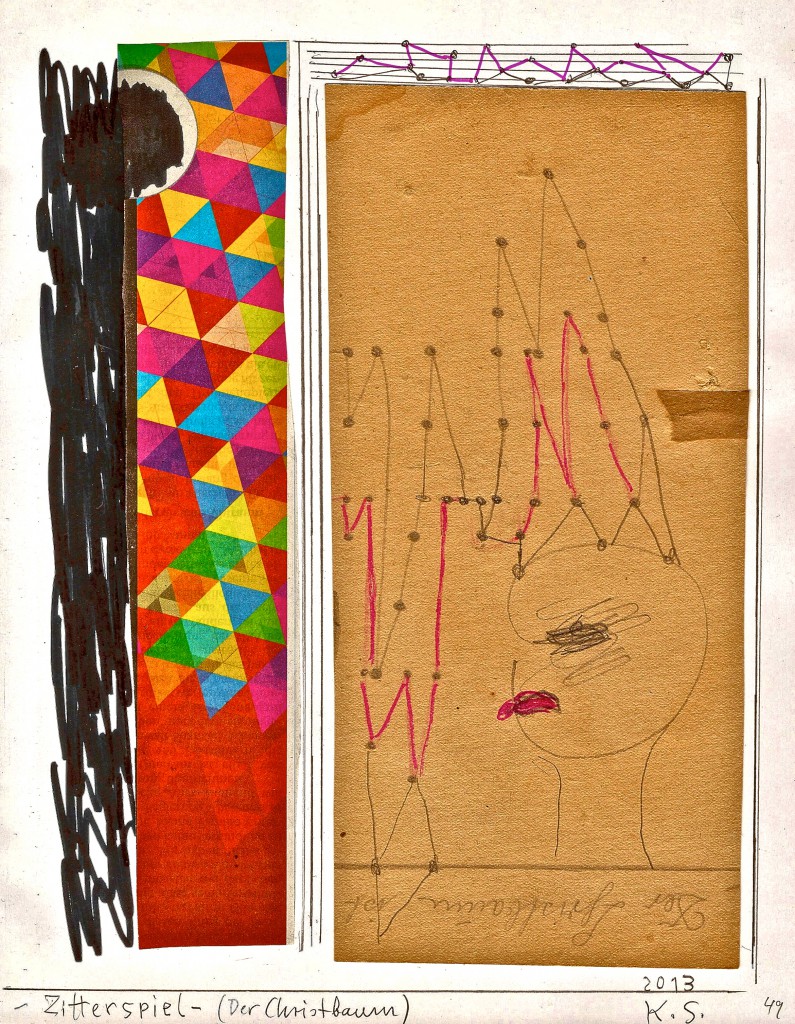 K.S. Weihnachtsgrüße, 2013 als Zitterspiel, Zeichnung und Collage, auf Buchdruckpapier, Seite 49, 25x19 cm