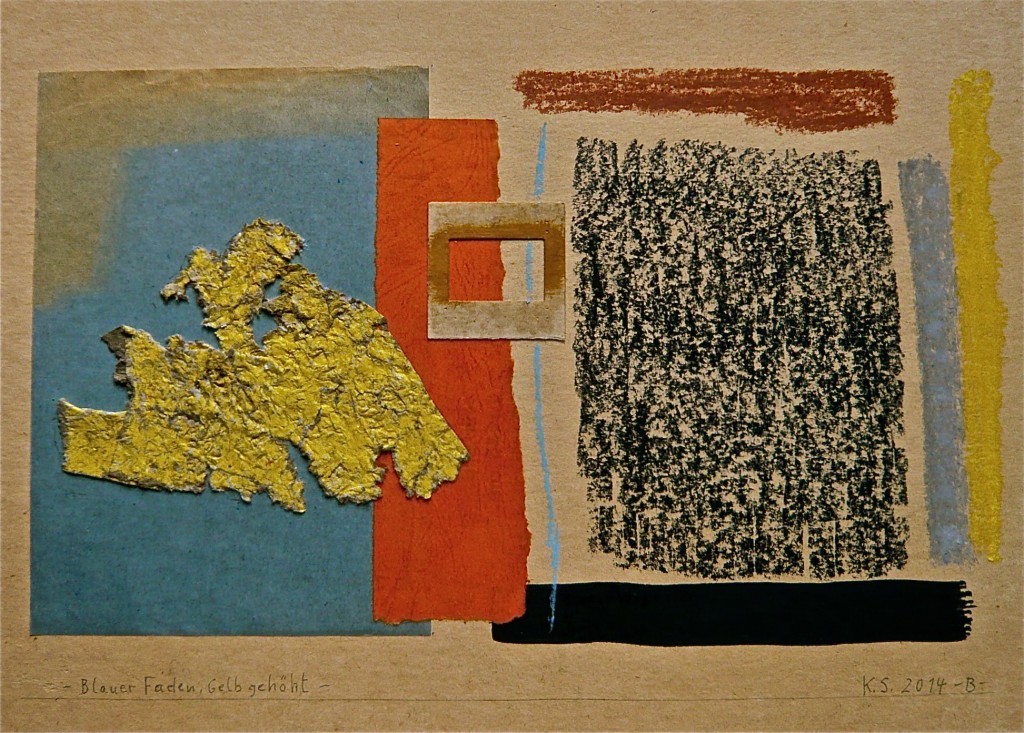 K.S.,  2014, Collage, Pastel und Gouache auf gelblichem Karton