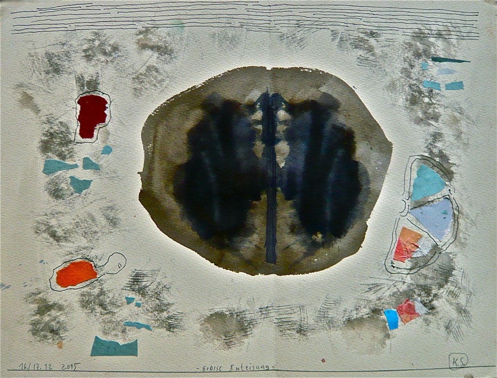 K.S., 2015, -Grosse Enteisung- Farbzeichnung,Tusche, Feder, und Collage auf Aquarell-Karton, 36x48cm