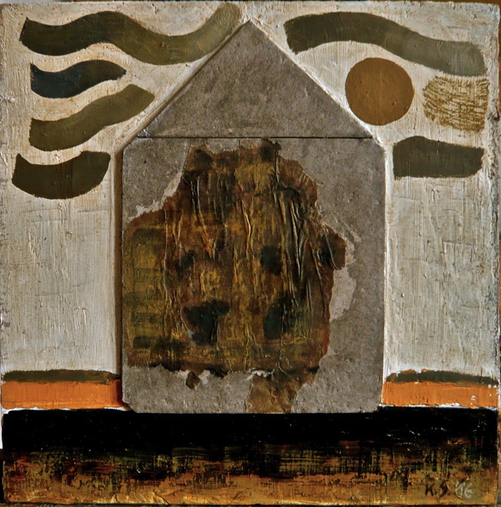 K.S.’16, Öl und Fundstück-Collage-Objekt auf Hartfasertafel, 29,5x29,5, (für HenryThoreau)