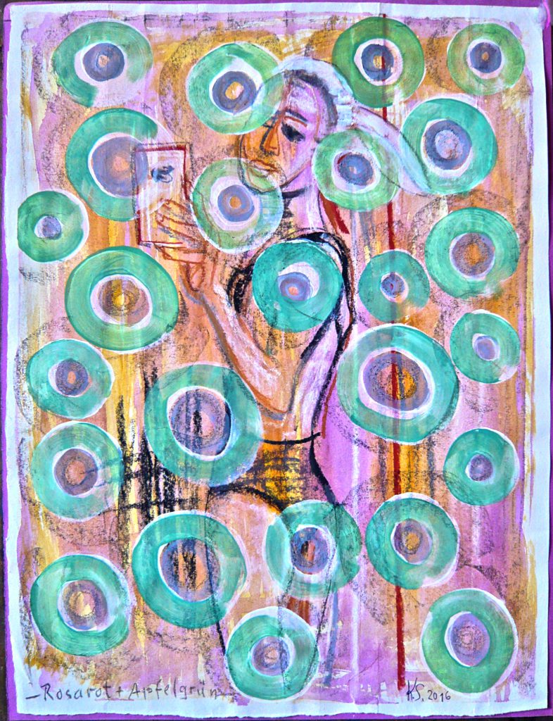 -Rosarot und Apelgrün-, K.S., 2016, Farbzeichnung, Mischtechnik auf Papier, 51x39 cm