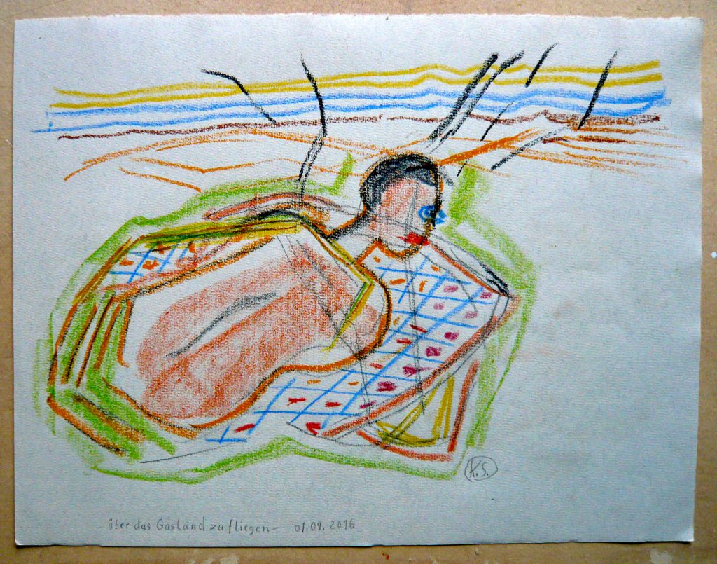 -Überfliegen das Grasland- K.S., 2016, Farbzeichnung auf Bütten, 24x31 cm