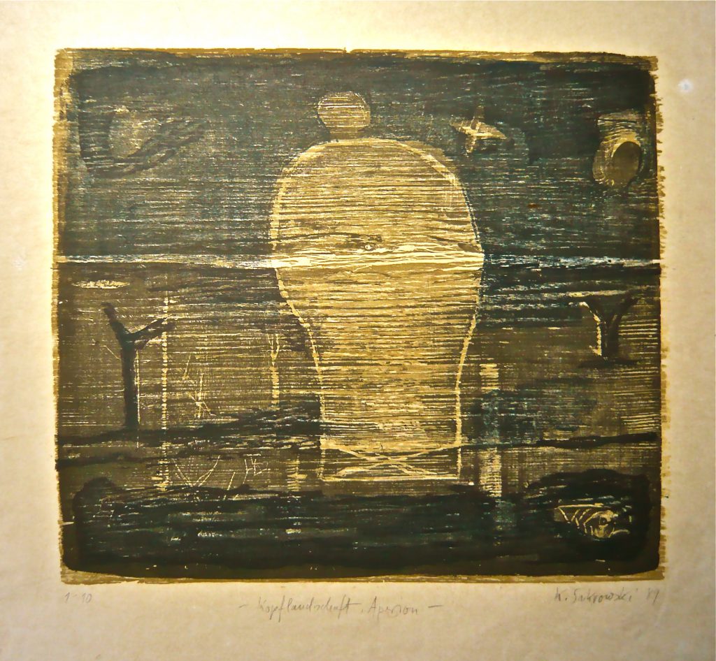 K.S., 1989, -Kopflandschaft, Apeiron- Farbholzschnitt, 45,5x46 cm
