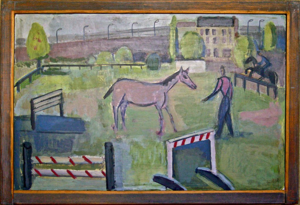 K.S.,1985, -Pferdeplatz mit Mauerblick- Öl auf Hartfasertafel, 44x64,5 mit Atelierleiste